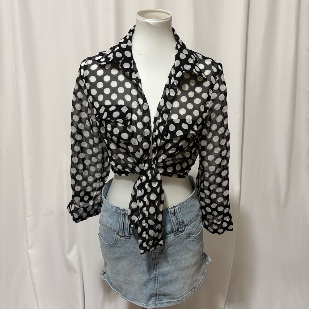 Passport Black & White Polka Dot Tie-Front Sheer Blouse